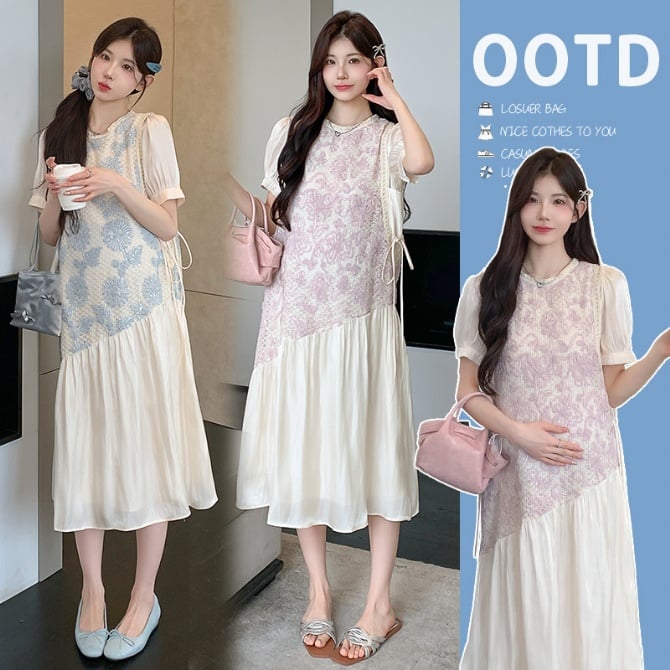 Maternity Sweet Lace Splicing Fake Two-Piece Flowing Dress