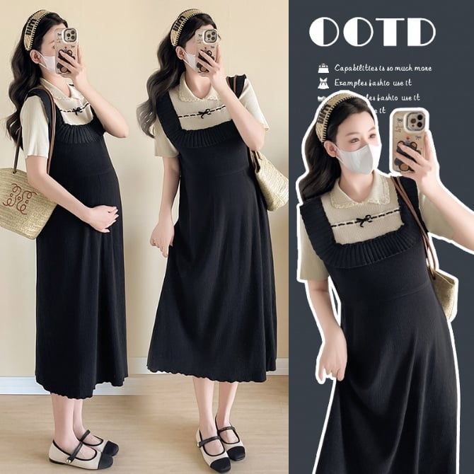 Summer Vintage Hepburn Knitted Maternity Dress — Fake Two-Piece Contrast Design