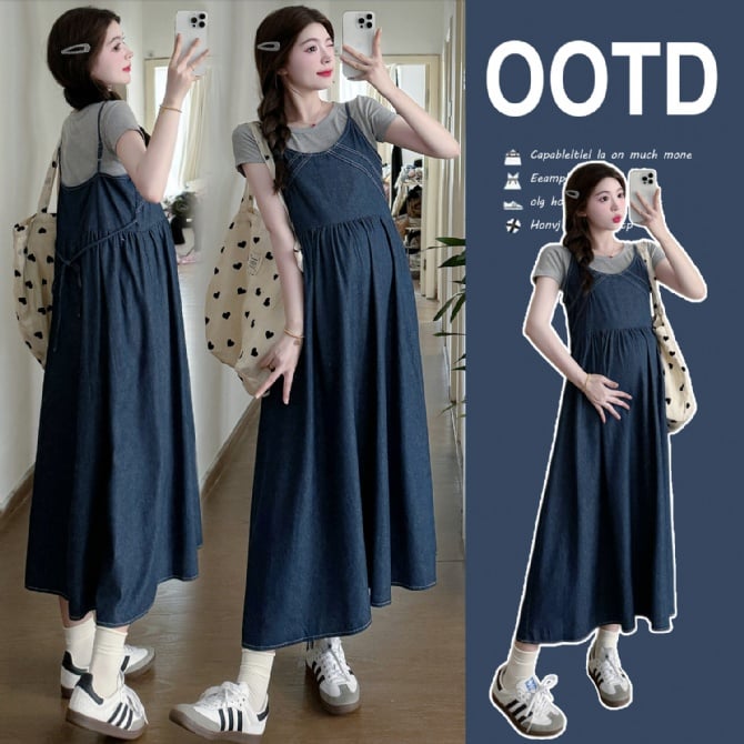 Maternity Set — T-shirt + Strap Denim Slim Dress
