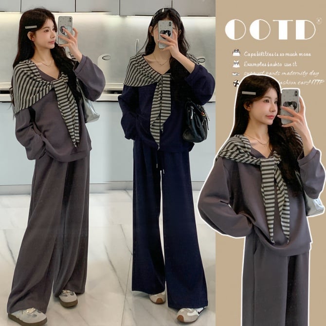 Maternity Autumn Old-Money Style Sweatshirt, Wide-Leg Pants & Shawl Set