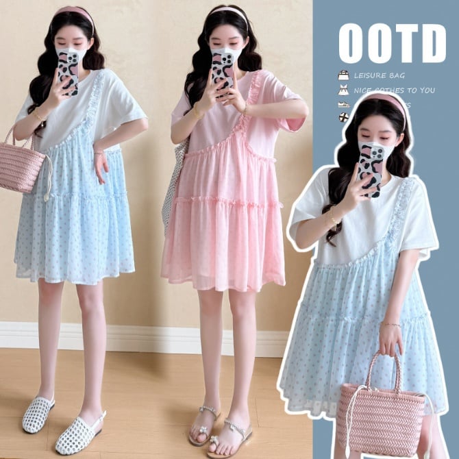 Maternity Summer Dress  Fake Two-Piece Chiffon Polka Dot