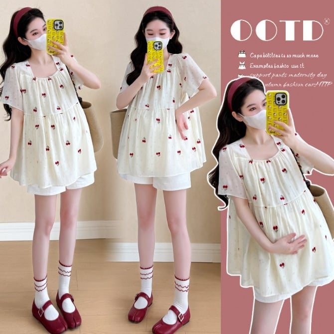 Korean Summer Cherry Embroidery Sweet Top & Shorts Set