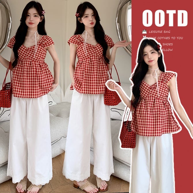 Maternity Summer French Retro Red Plaid Sweet Top + Wide-Leg Pants Set