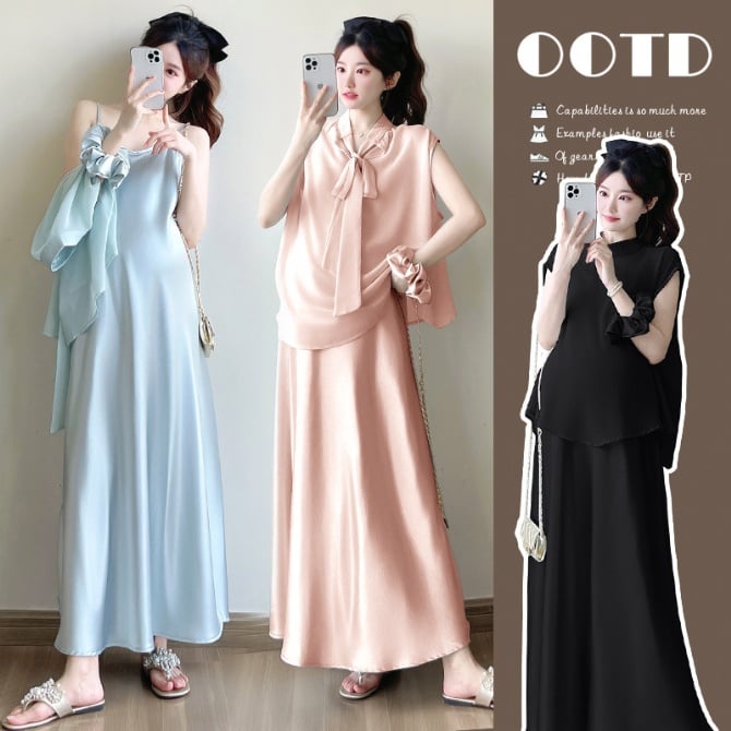 Maternity Satin Slip Dress Two-Piece Set