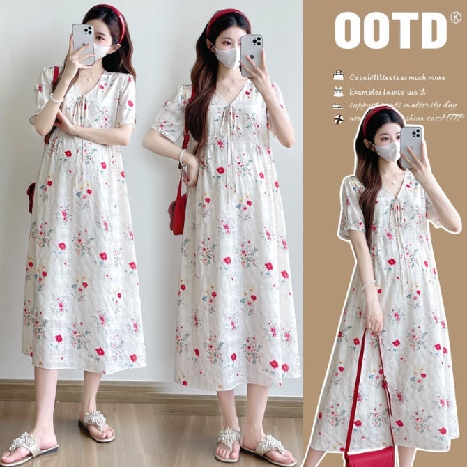 French Design Elegant V-Neck Mid-Length Floral Maternity Dress
