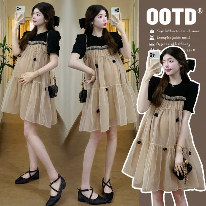 Sweet Mesh Stitching Handmade Flower Dress