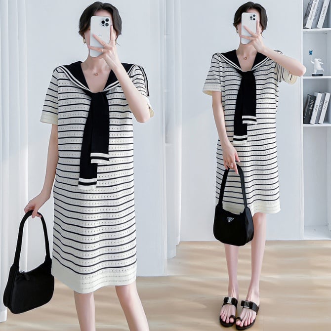 Fashion Maternity Sailor Collar Striped T-Shirt Dress