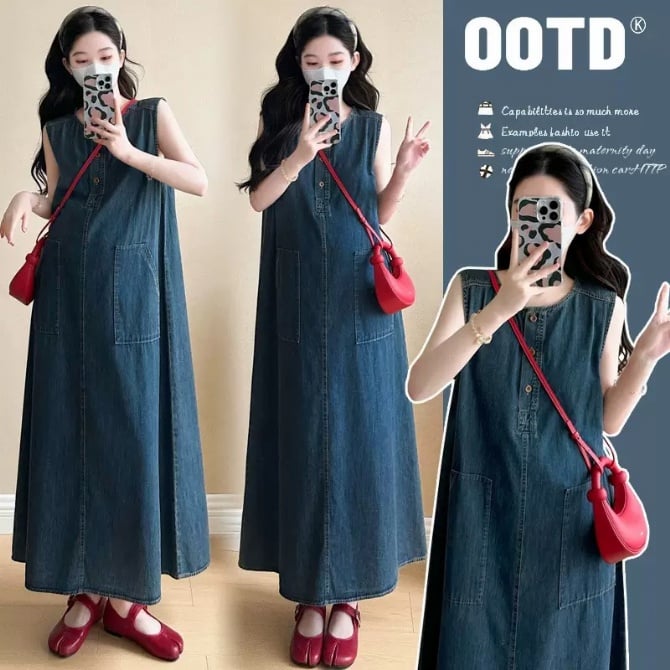 New Maternity Denim Sleeveless Long Dress