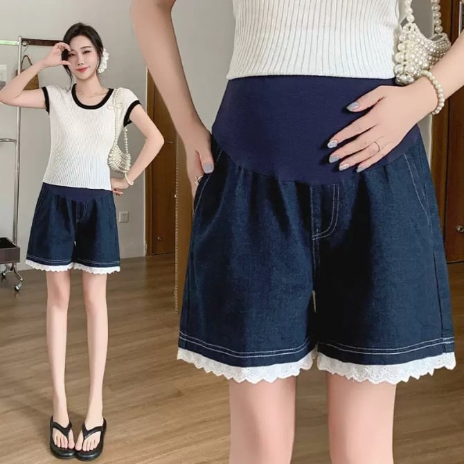 Maternity Lace-Trim Denim Wide-Leg Shorts