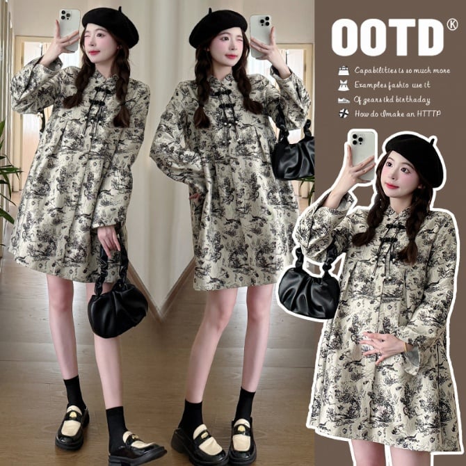 Long Sleeve Chinese Style Maternity Dress