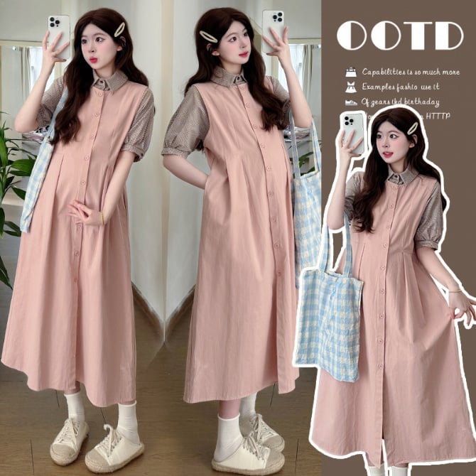 Maternity Pink Shirt Dress Set