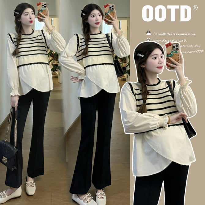 Doll Collar Striped Shirt Top