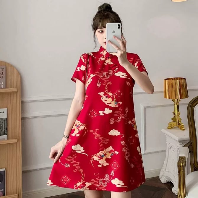 Vintage Festive Red Chinese-Style Loose Fit Plus Size Modern Qipao Dress