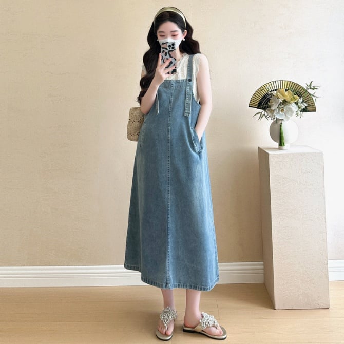 Maternity Wear Plus-Size Denim Suspender Dress + Lace Tank Top Two-Piece Maternity Set