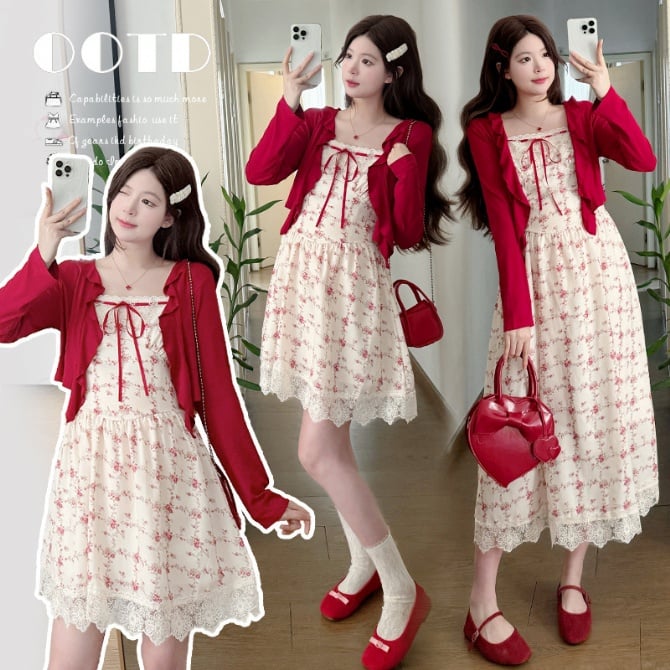 Lace Patchwork Floral Slip Dress + Cardigan Maternity Two-Piece Set