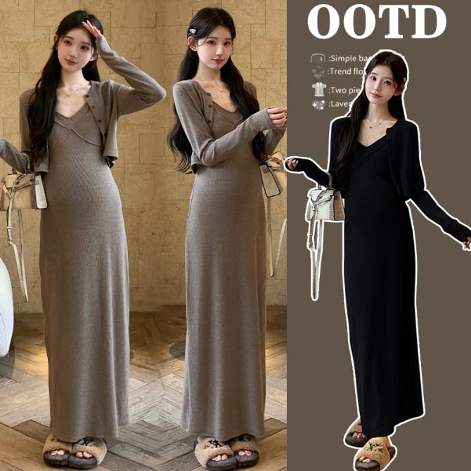 Elegant Mommy Slip Dress + Short Cardigan Slim-Fit Maternity Set