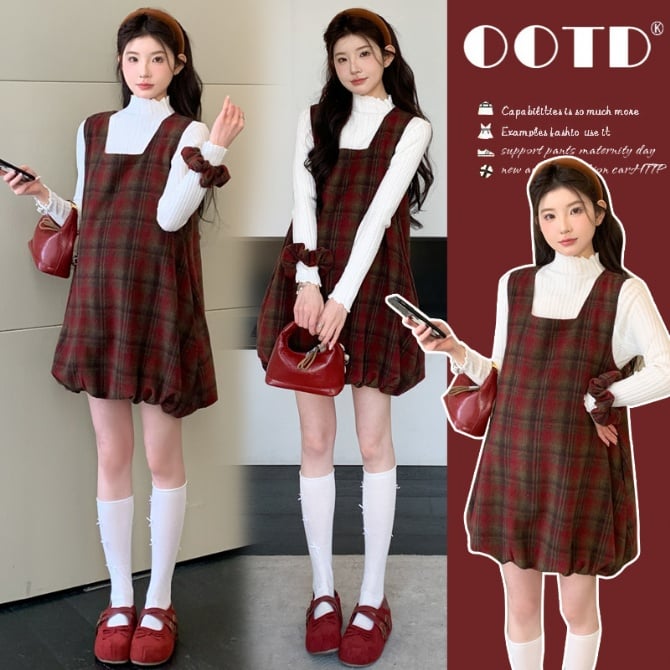 Maternity Plaid Woolen Bubble Vest Dress + Half-High Neck Inner Top Sweet Fashion Two-Piece Set