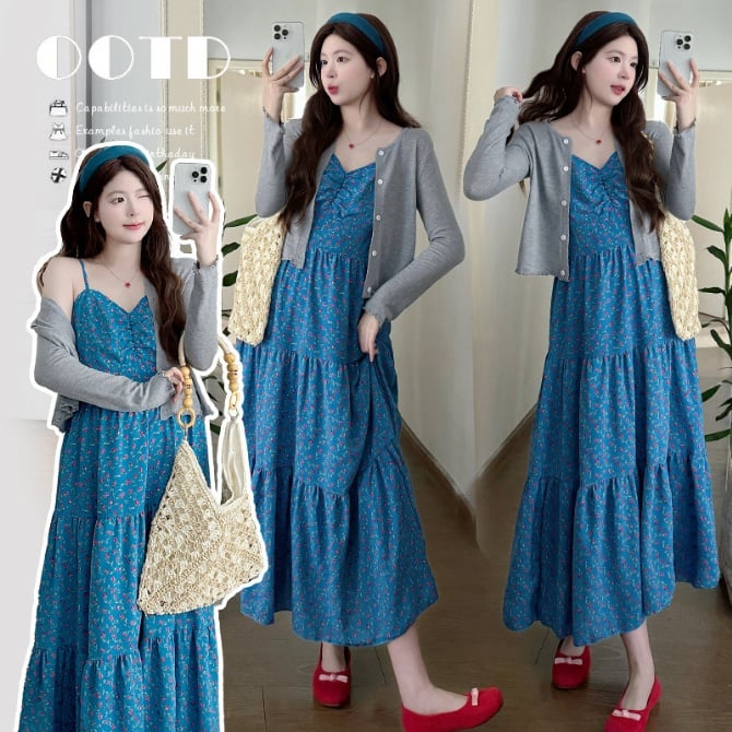 Maternity Floral Slip Dress + Knit Cardigan Set