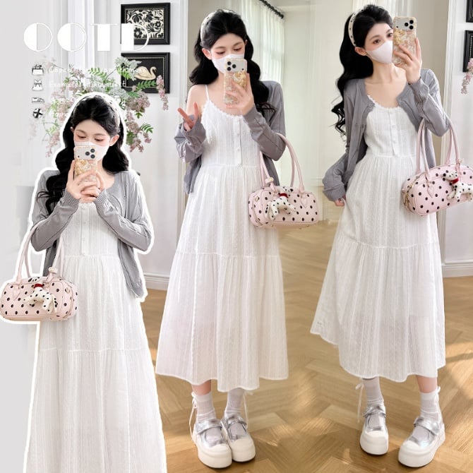 V-Neck Lace Jacquard Slip Dress + Knit Cardigan Two-Piece Set