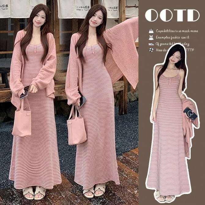 Striped Slim-Fit Bodycon Slip Dress + Knit Cardigan Set