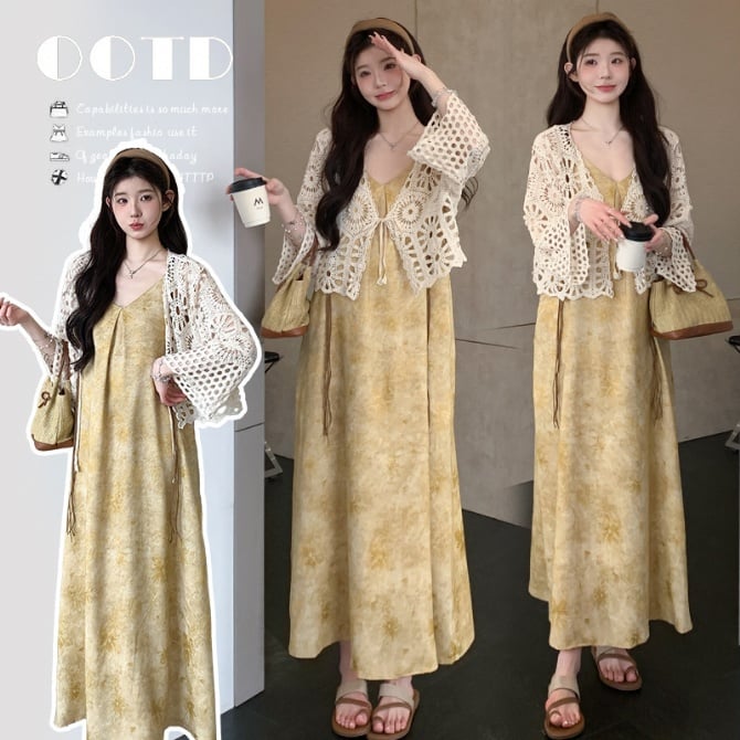 French Yellow Floral Slip Dress + Lace Shawl Set