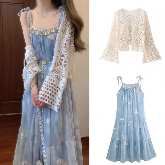 Maternity Shell & Starfish Embroidered Slip Dress with Tassel Tie Sun-Protection Cover-Up