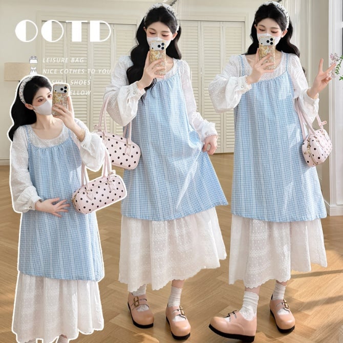 Maternity Blue Plaid Patchwork Fake Two-Piece Dress