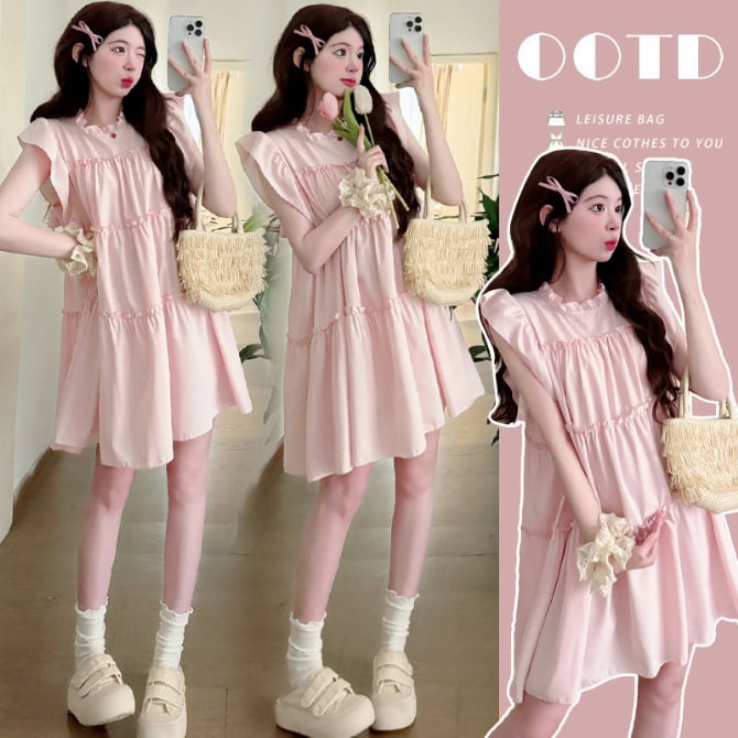 Sweet Pink Maternity Dress with Flutter Sleeves