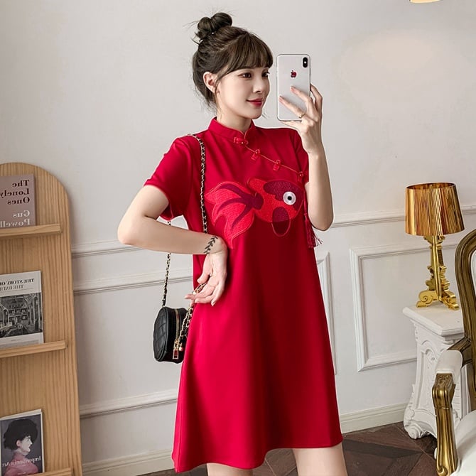 Young Cheongsam Goldfish Print Loose Plus-Size Dress