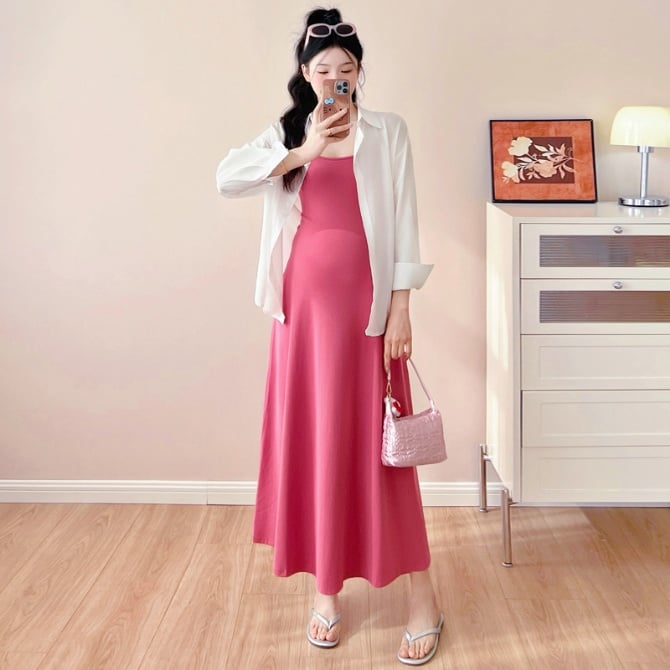 Cotton Maternity Sling Dress + Shirt Set