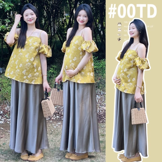 High-End Maternity Summer Two-Piece Set – Satin Sling Top & French Style Skirt