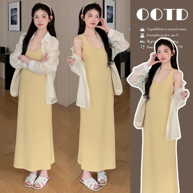 Korean Style Maternity Split Shirt & Vest Skirt Set