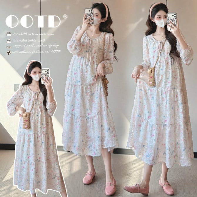 Floral Maternity Long Sleeve Maxi Dress