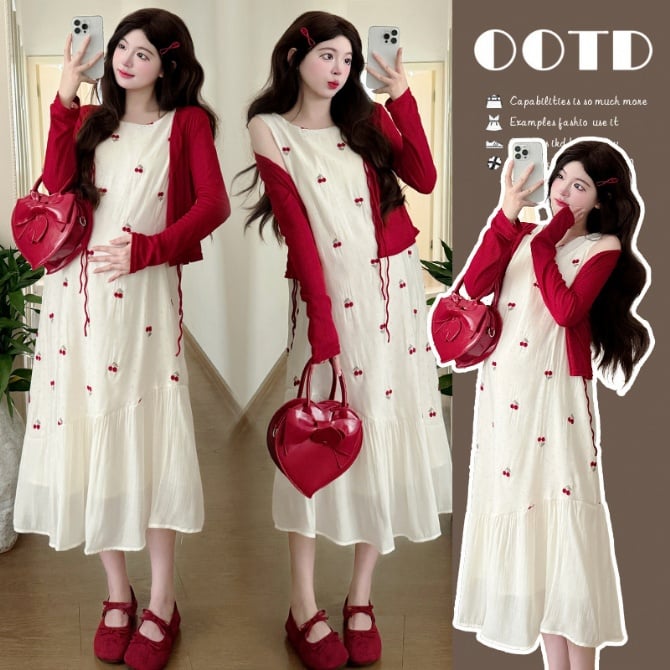 Korean Style Mesh Embroidered Cherry Dress & Sun Cardigan Set