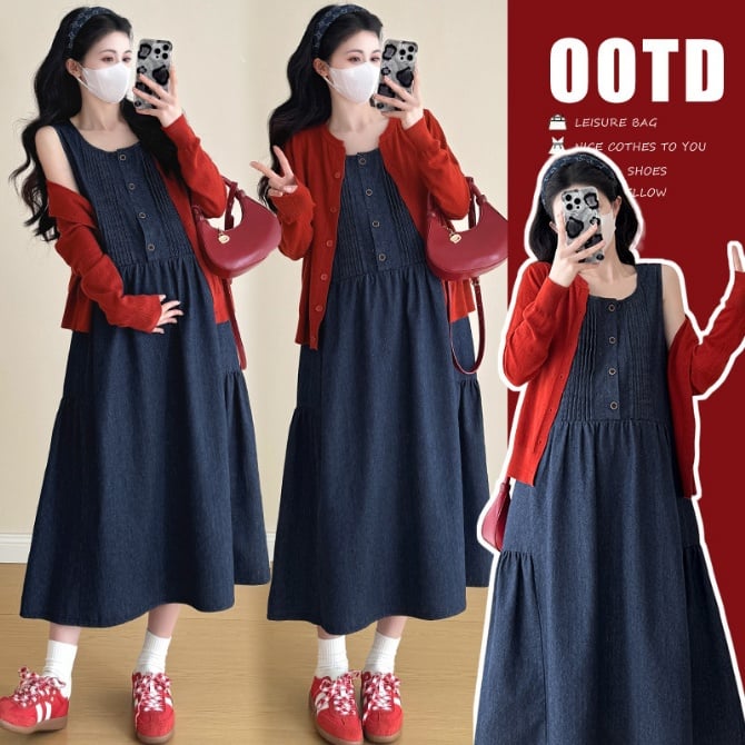 Maternity Denim Pinafore Dress + Red Knitted Cardigan Set