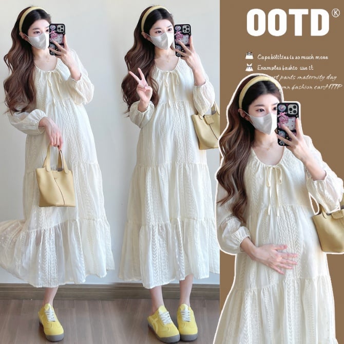 Lace Jacquard Embroidered Mid-Length Elegant Maternity Dress