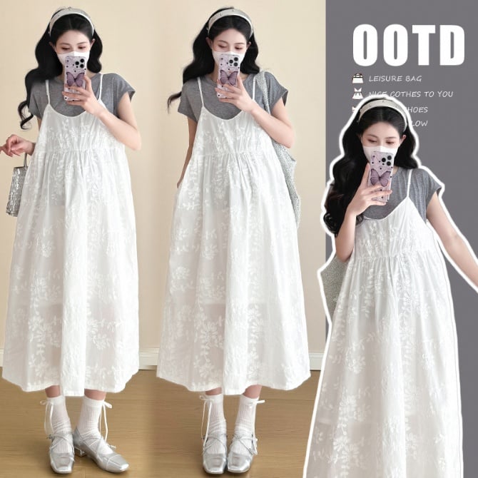 Korean-Style Loose White Swing Skirt Maternity Two-Piece Set