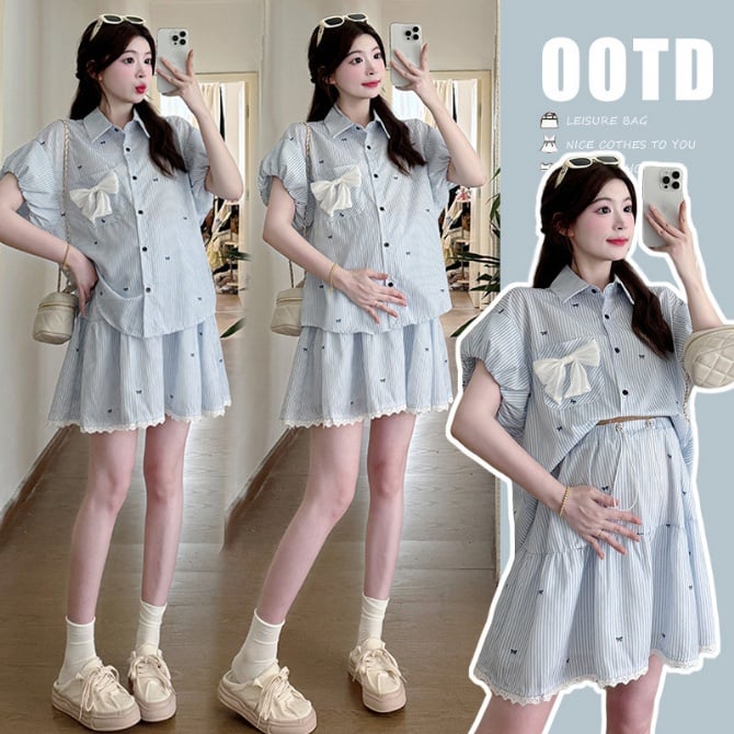 Summer Maternity Striped Bow Shirt + Skirt Two-Piece Set