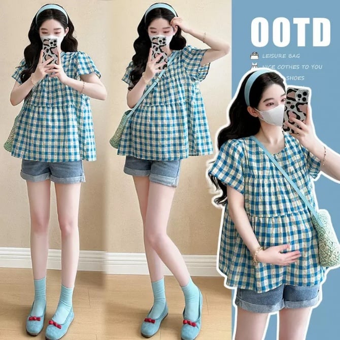 Maternity U-Neck Short Sleeve Plaid Babydoll Top with Embroidery