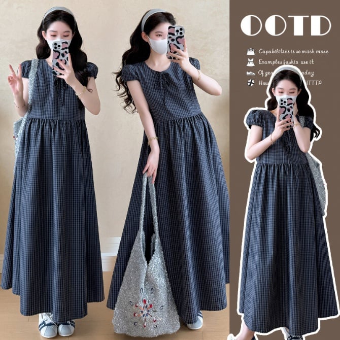 Maternity Retro Plaid Puff Sleeve A-Line Summer Dress