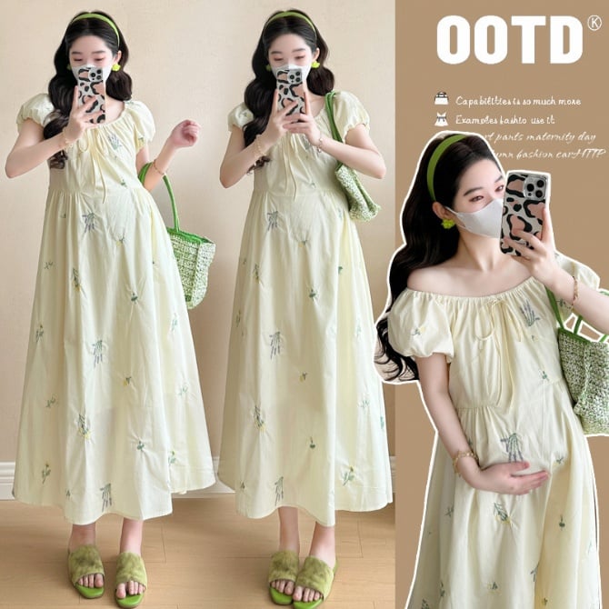 High-End Maternity Puff Sleeve Embroidered French Summer Dress