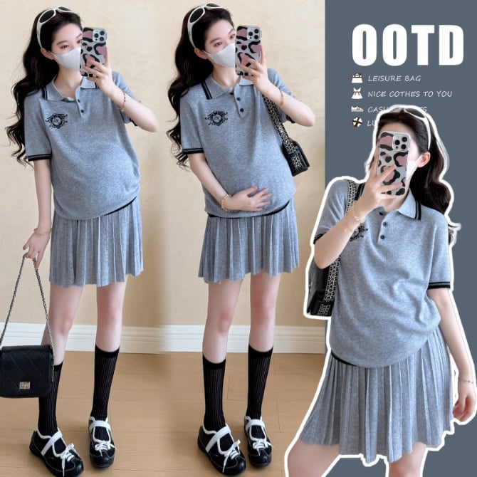 Maternity Summer Polo Knit Top & Pleated Skirt Set