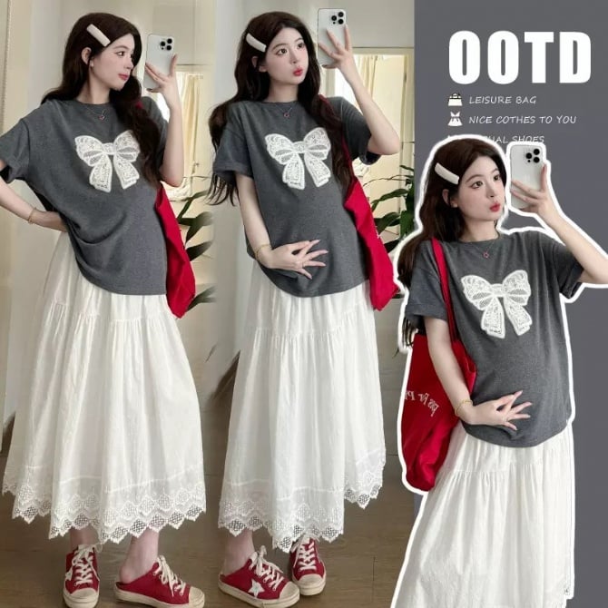 Maternity Printed Bow T-Shirt & Skirt Two-Piece Set