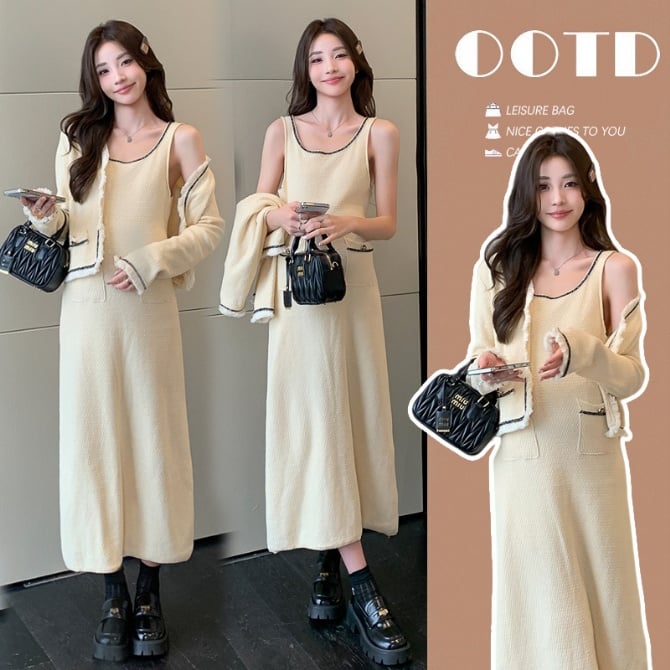 Long Sleeve Knit Jacket + Contrast Vest Skirt Korean Fashion