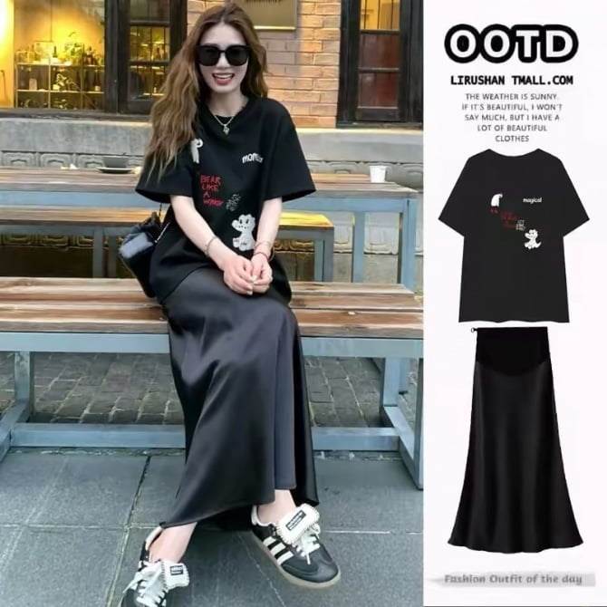 “High-End Elegant Maternity Printed T-Shirt Set with Satin Loose-Fit Chic Midi Skirt