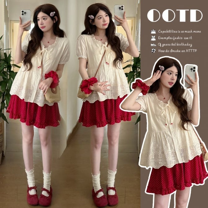 Lace Hollow Short Sleeve Slimming Top + Polka Dot Ruffle Skirt Set