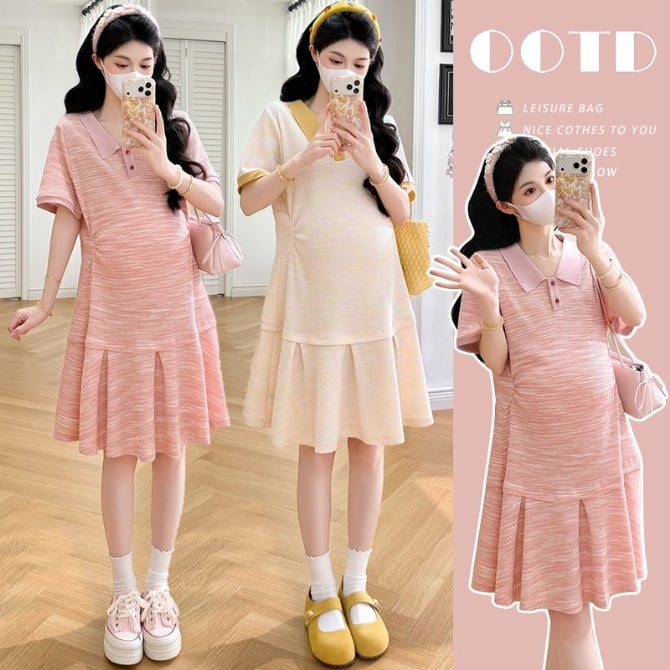 Maternity Loose Plus Size Slimming Color Block Plaid Patchwork Dress