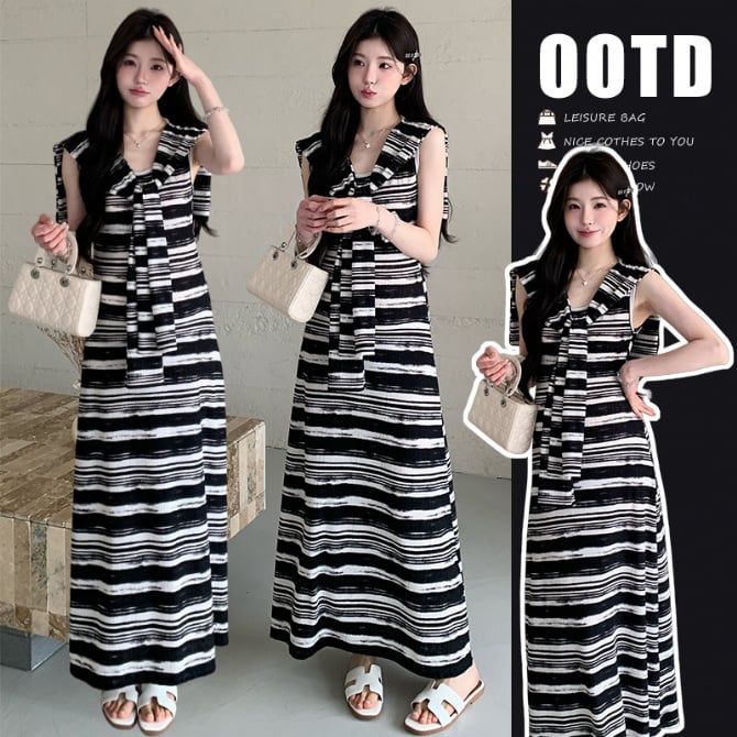 Maternity Summer Striped Shawl + Sleeveless Dress Set