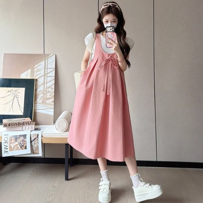Gentle Pink Bow Maternity Pinafore Dress + T-Shirt Set