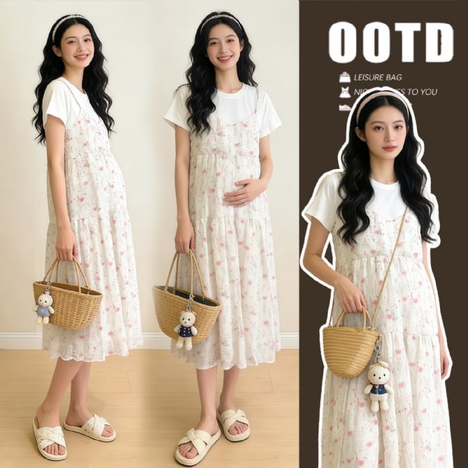 Maternity Summer Gentle Style Slim Fit Fake Two-Piece Dress